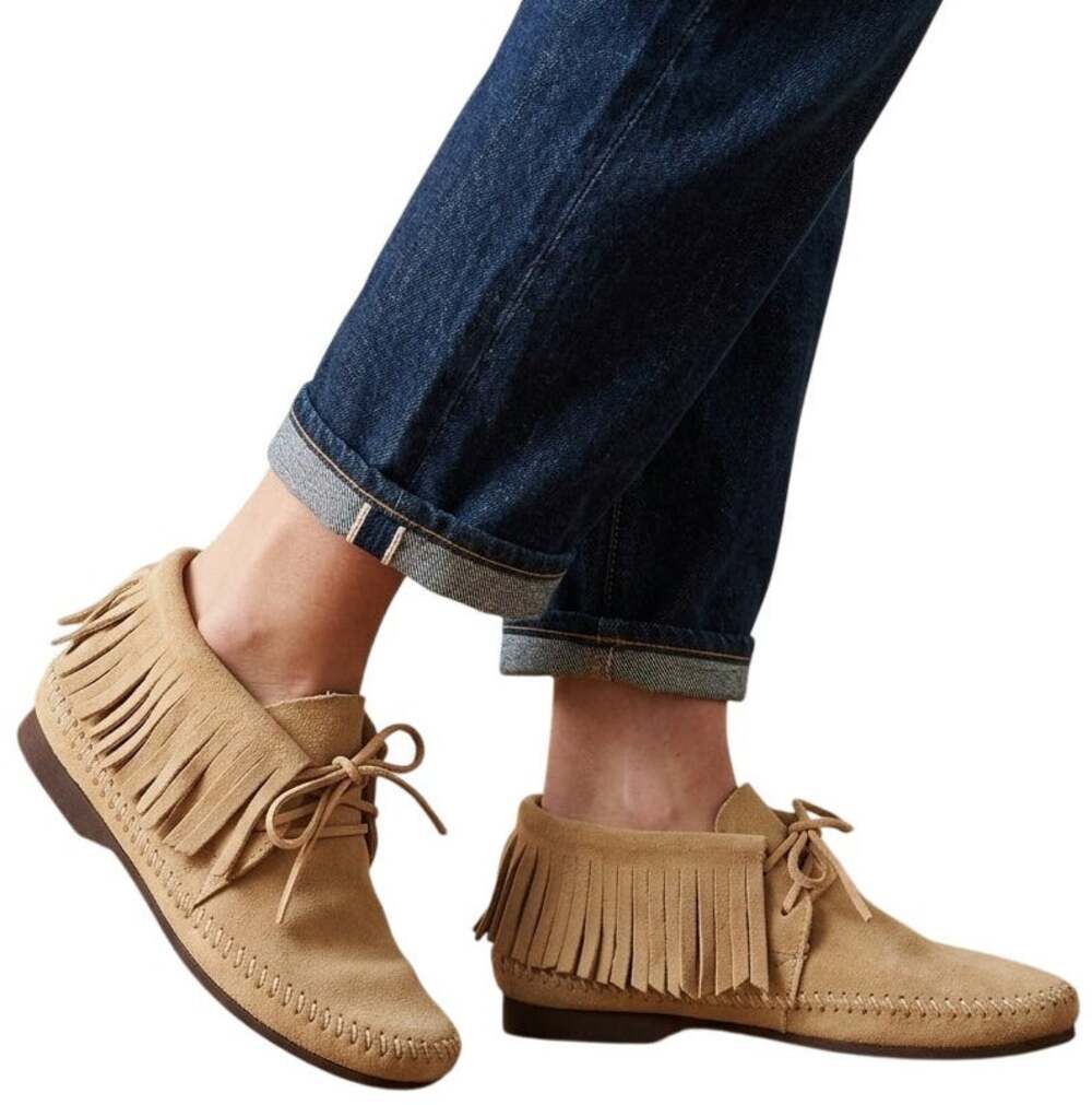 VTG QUODDY Tan Moccasins Fringe Suede Chukka Bootie SZ 5